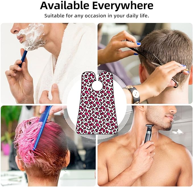 Beard Bib Apron for Men Shaving, Waterproof Non-Stick Hair Catcher with Suction Cups, Grooming Essential for Dad Husband, White Pink Cheetah Leopard Print Shave Bib