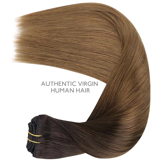 WENNALIFE Clip in Hair Extensions Real Human Hair, 14 Inch 150g 9pcs Remy Hair, Ombre Dark Brown to Light Chestnut Brown Straight Natural Extensiones De Cabello Humano Con Clip Ins