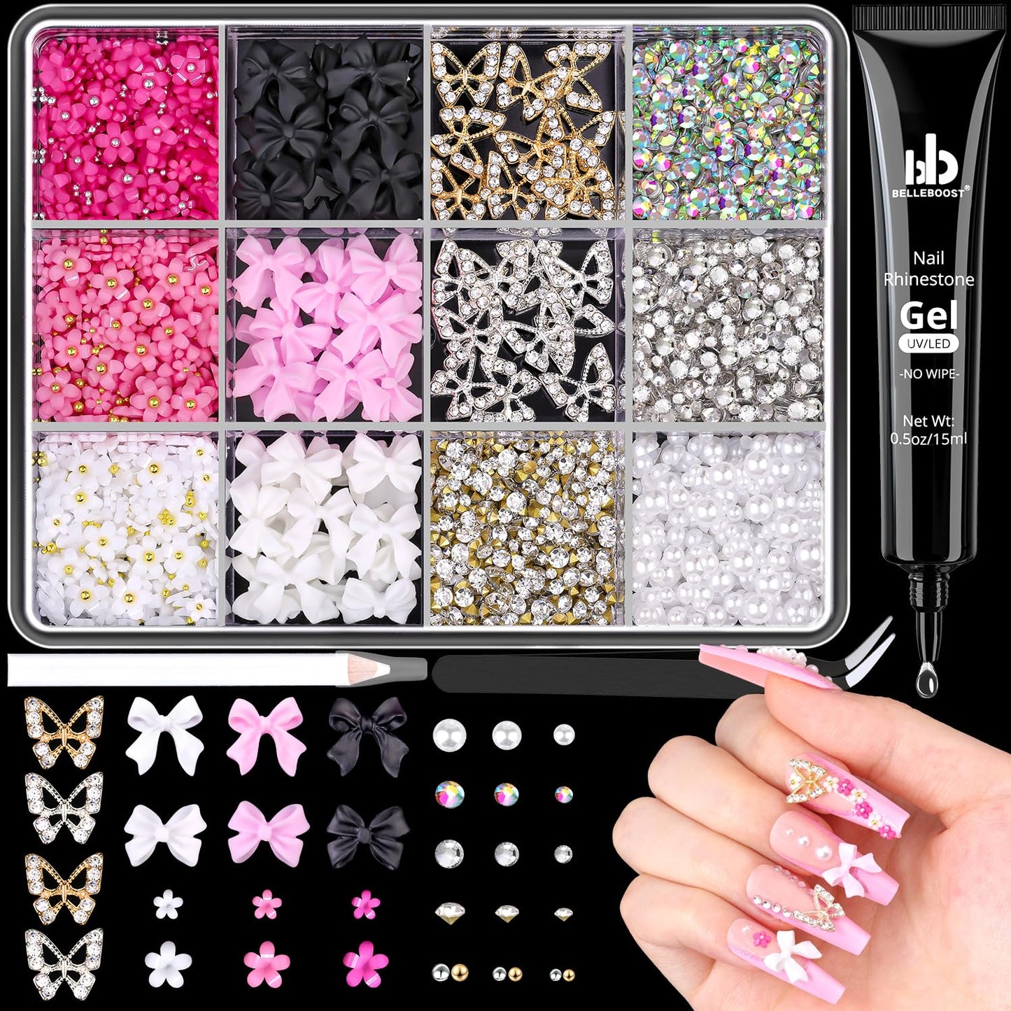 3D Nail Charms and Gems Set 10 with Rhinestone Glue, 20PCS Chunky Butterfly Charms + 60PCS Nail Bows in 2 Styles + 3D Flowers with Crystals, Pearls, Diamonds, and Picker Tools for Y2K Nail Decor