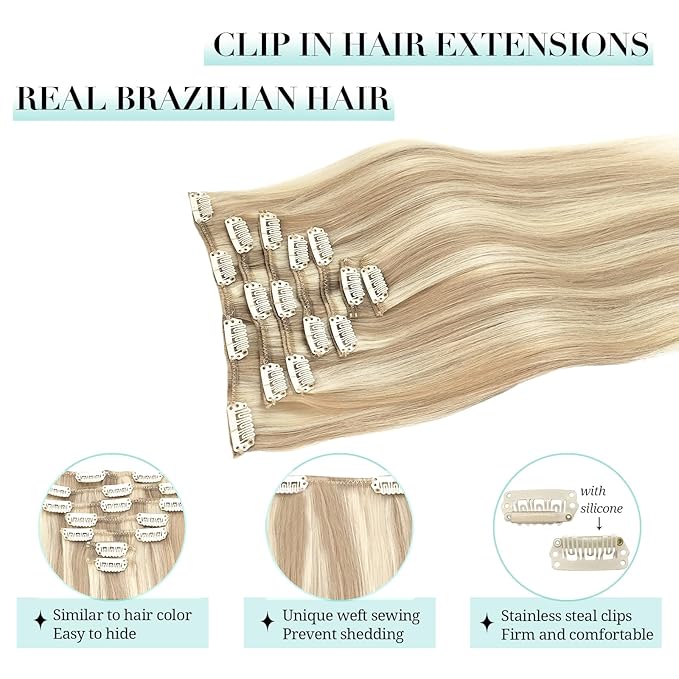 DOORES Hair Extensions Clip in Human Hair, Balayage Dark Blonde Highlighted Bleach Blonde 100g 7pcs 14 Inch, Remy Straight Weft Real Natural Hair Extensions
