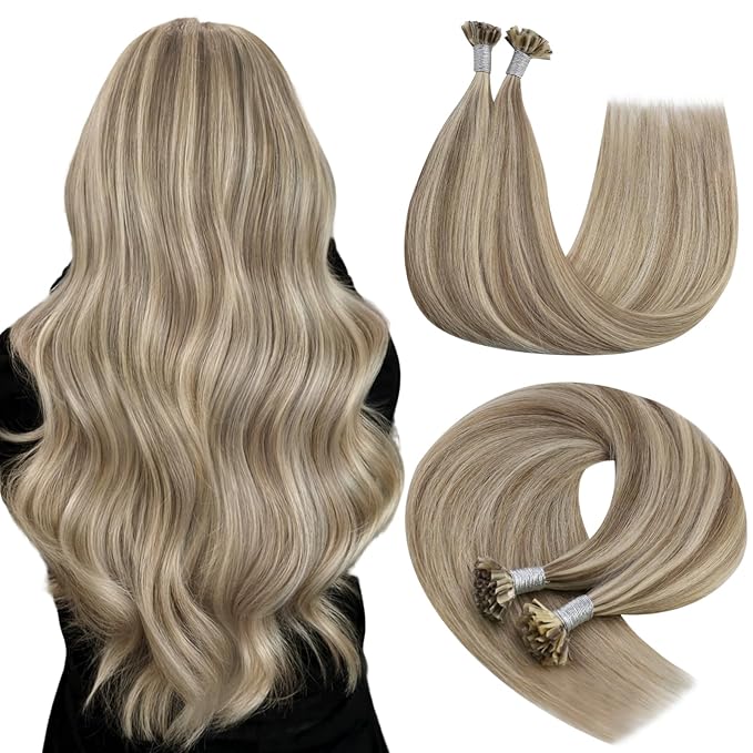 YoungSee U Tip Hair Extensions Highlight U Tips Human Hair Extensions Highlight Light Brown with Blonde Keratin Hair Extension for Women K Tip Real Hair Extension Hot Fusion 16In 50s/50g