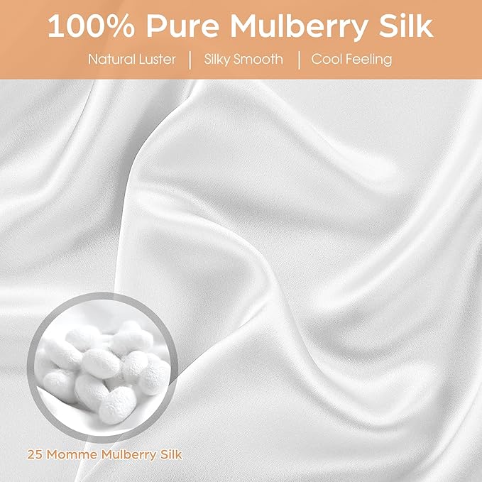 Silk Pillowcase for Hair and Skin, 2 Pack 100% Mulberry Silk Pillowcase 25 Momme, 600 Thread Count, Both Side Pure Silk Pillow Cover with Hidden Zipper (White, King 20''×36'')