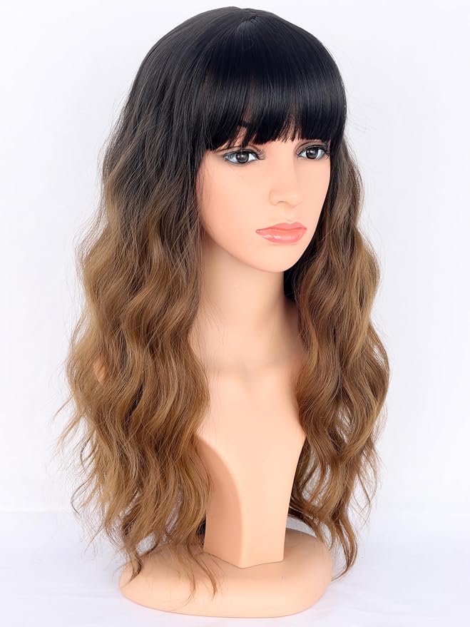 Ombre Brown Wavy Wigs with Bangs for Women - Medium Long Synthetic Black To Brown Wigs Heat Resistant for Daily Party Use