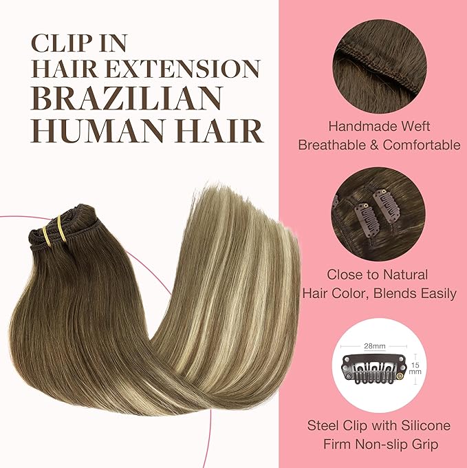GOO GOO Clip in Hair Extensions Real Human Hair, Remy Human Hair Extensions Clip ins for Women, Natural Human Hair, 26inch 180g 7Pcs, #3/8/613 Balayage Walnut Brown to Ash Brown and Bleach Blonde