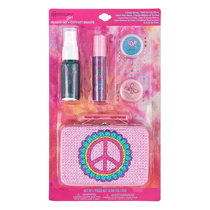 Expressions 6pc Peace & Rhinestones Beauty Set w/Tin Box Storage Case - Body Spray, Body Glitter, Mini Body Gems, and Lip Gloss Set,Washable + Non Toxic