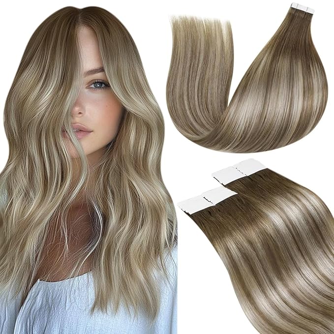LaaVoo Tape in Hair Extensions Human Hair Balayage Light Brown Fading to Platinum Blonde with Brown Tape in Extensions Seamless Tapes on Hair Extension Real Human Hair Soft Hair 24inch 20pcs 50g