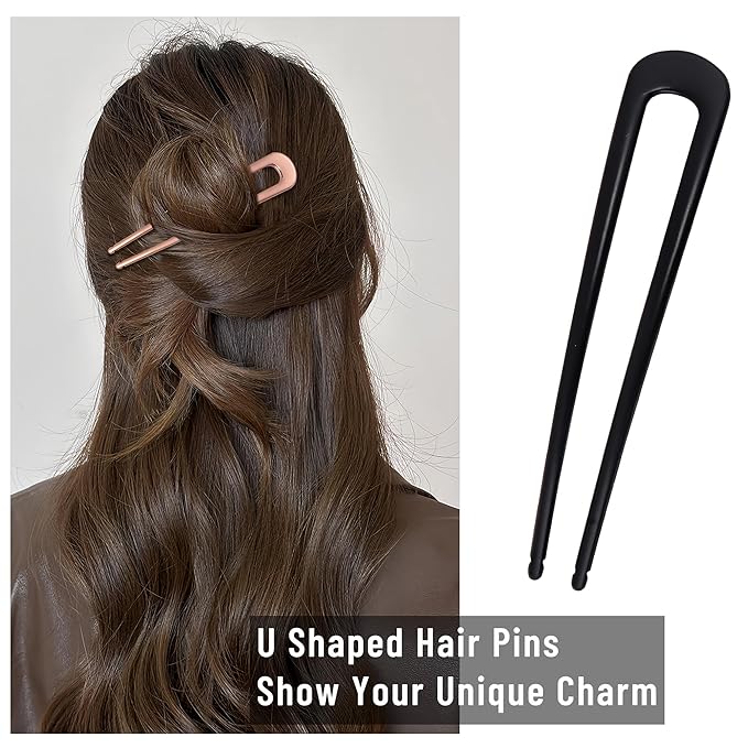 6Pcs Metal French Hair Pins for Women U Shape Sticks 3.9 Inch Vintage Fork for Hairstyle Accessories(Black/Rosegold/Silver）