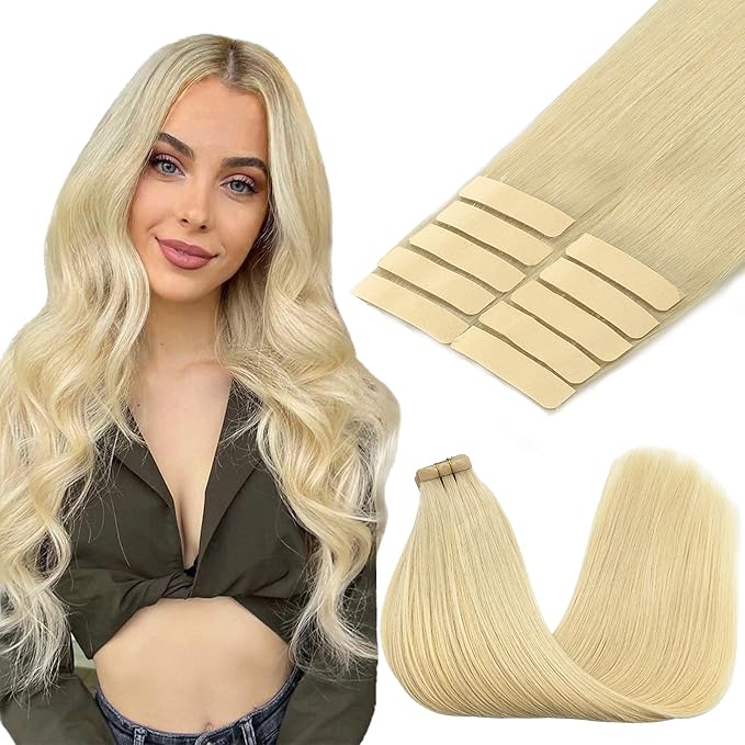 GOO GOO Tape in Hair Extensions Human Hair, 613R Bleach Blonde, 24inch 30g 10pcs, Skin Weft Seamless Invisible, Silky Straight with Thick Ends, Remy Human Hair