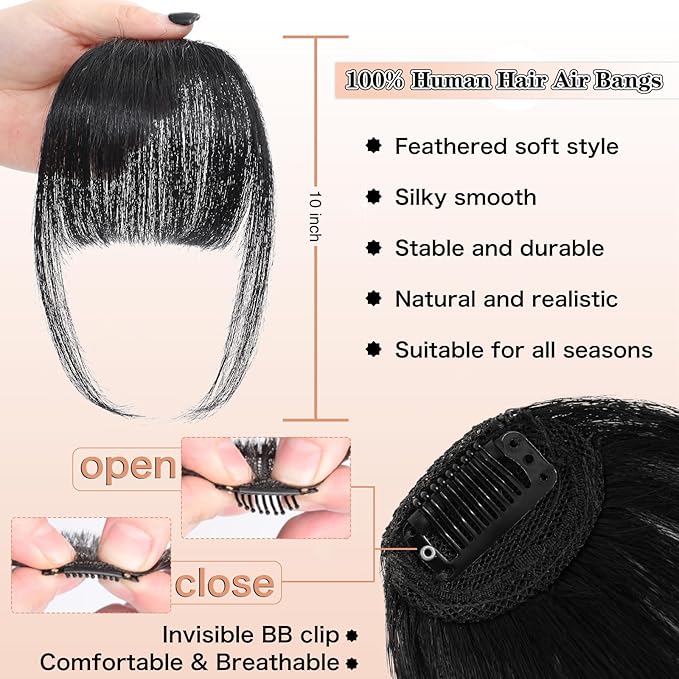 NAYOO Bangs Hair Clip in Bangs 100% Real Human Hair Extensions Natural Black Wispy Bangs Clip on Air Bangs for Women Fringe with Temples Hairpieces Curved Bangs for Daily Wear