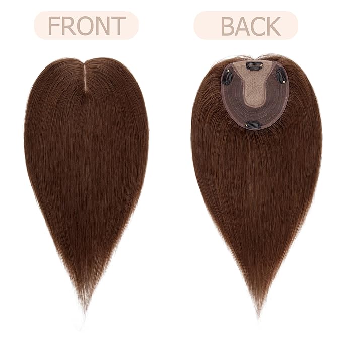 Hair Toppers for Women Real Human Hair No Bangs, 13 * 15 cm Larger Silk Base 150% Density Clip In Topper Hairpieces, Wiglet Top Pieces Add Volume -14 Inch 04 Medium Brown