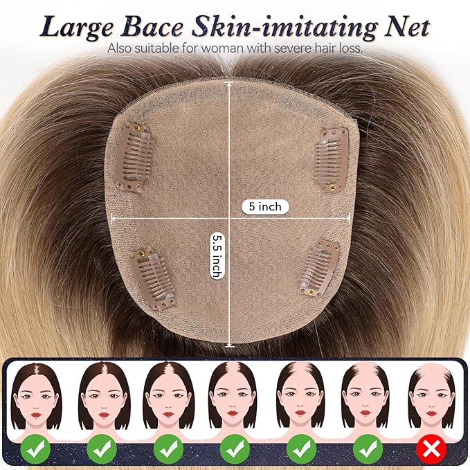 starluck Hair Toppers for Women Real Human Hair, 5"*5.5"Large Coverage Ombre Light Blonde HairTopper No Bangs,100% Real Human HairToppers for Women with ThinningHair,Cover Gray Roots