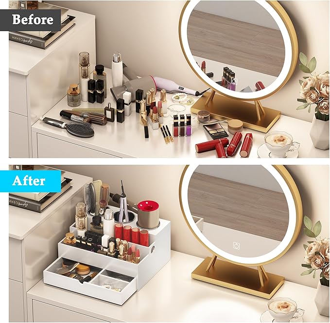 Hair Tool Organizer, Wood Hair Dryer Holder with Drawer & 3 Stainless Steel Cups, Versatile Bathroom Vanity Storage for Hair Styling Tools, Hot Tools, Brushes and Cosmetics - White