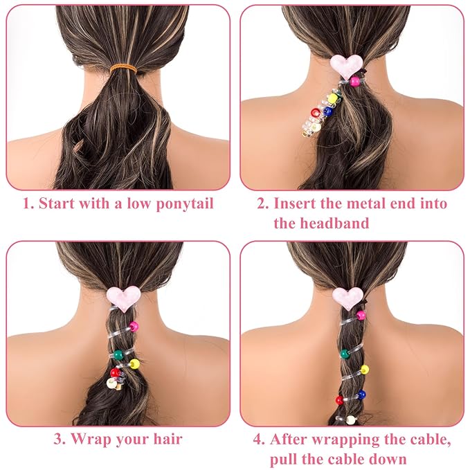 4PCS Star Heart Spiral Hair Ties with Beads, 2 Colors Star Heart Bead Phone Cord Ponytail Holders for Women, Elegant Rubber Hair Coils, Stylish Hair Accessories for Party, Daily Use