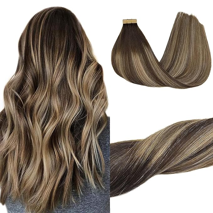 GOO GOO Tape in Hair Extensions Human Hair, 4/26/4 Balayage Chocolate Brown to Honey Blonde, 20inch 50g 20pcs, Skin Weft Seamless Invisible, Silky Straight with Thick Ends, Remy Human Hair