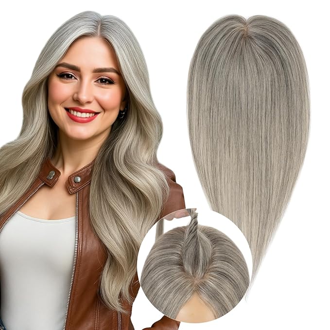 Real Human Hair Toppers for Women 3.54"*4.72" Silky Base 150% Density No Bangs Adjustable Parting Clip-In Topper Hairpieces for Women with Thinning Hair 16 Inches White Mixed Natural Black