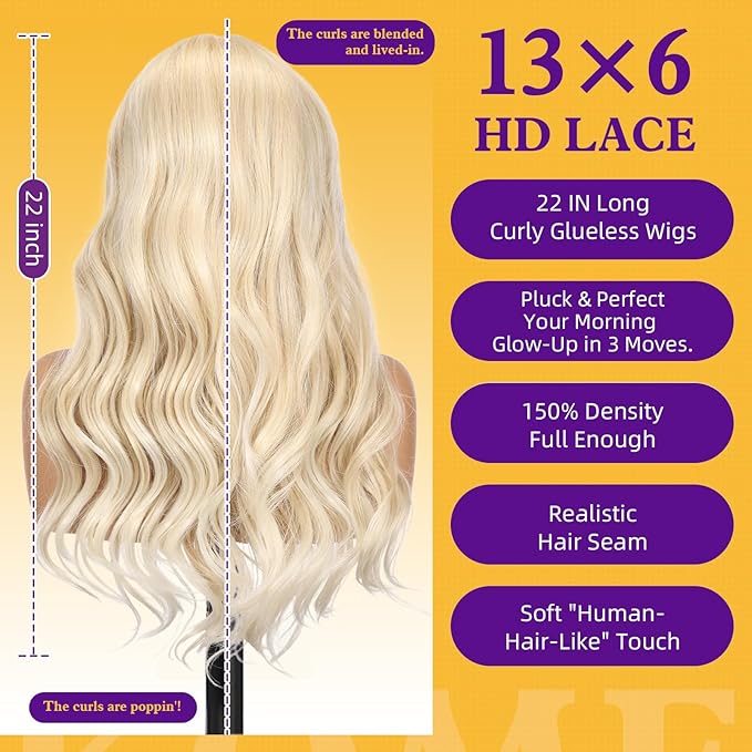 Light Blonde Synthetic Lace Front Wig,13×6 Curly Glueless Wigs for Women Daily Use 22IN（#R10119）