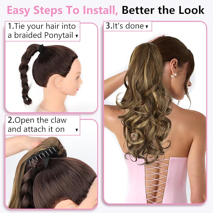ALXNAN Ponytail Extension,18 Inch Claw Clip in Long Curly Wavy Chocolate Brown with Highlights Ponytail Hair Extension Jaw Clip on Pony Tails Hairpiece for Women