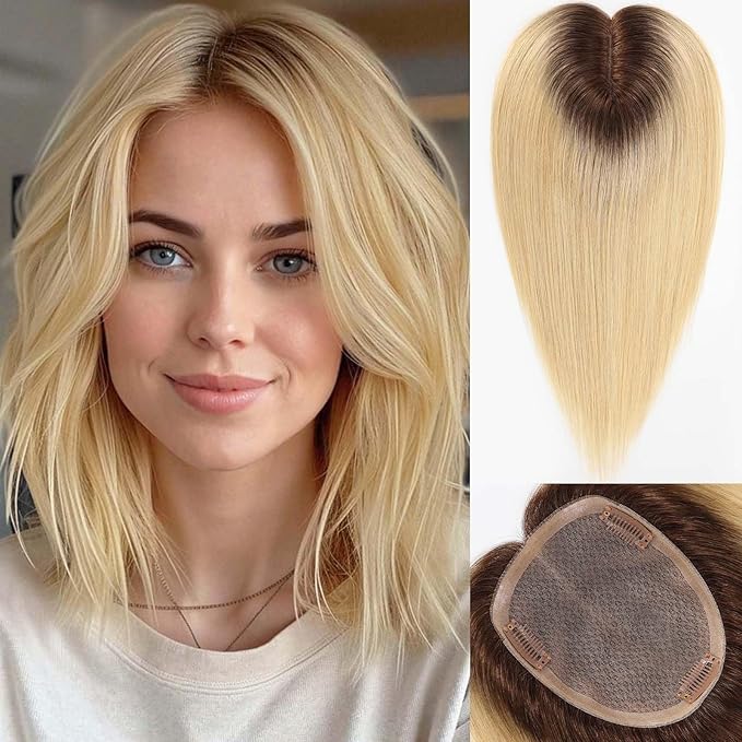 starluck Hair Toppers for Women Real Human Hair,6"*5.5"MONO Large Base,100% Real HumanHair Toppers for Women with Thinning,65g Hand-moven Topper,Gray Roots,High Volume,Ombre Light Blonde