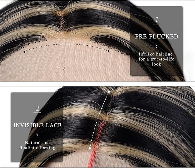 BrittyHair Black Mix Blonde Long Straight Wig for Women 26 Inches Synthetic Layered Wig 13x4x1 Black Mix Blonde Lace Front Wig Middle Part Synthetic Wigs for Daily Cosplay Party Use