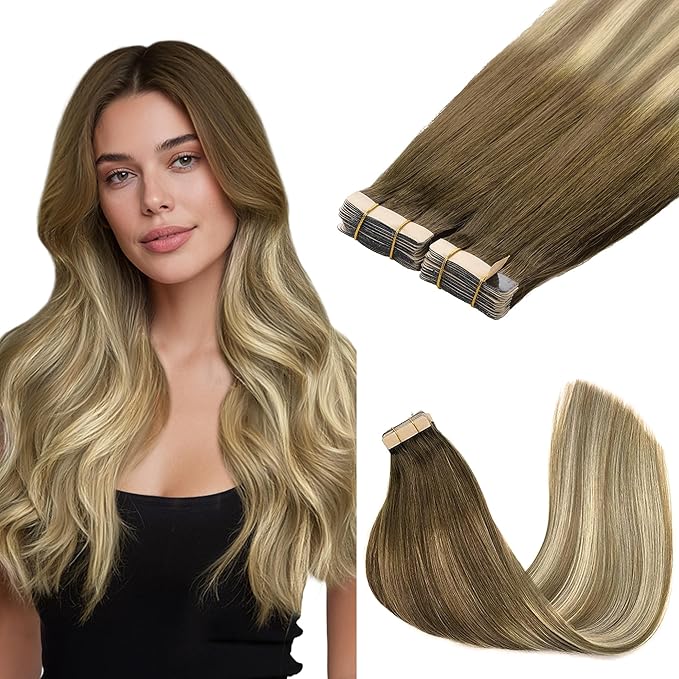 GOO GOO Tape in Hair Extensions Human Hair, 3/8/613 Walnut Brown to Ash Brown and Bleach Blonde, 16inch 100g 40pcs, Skin Weft Seamless Invisible, Silky Straight with Thick Ends, Remy Human Hair
