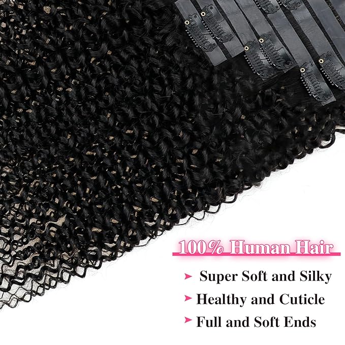Seamless Clip In Hair Extensions Real Human Hair Invisible PU Weft Kinky Curly Clip Ins Human Hair Extensions 8pcs with 18Clips Per Set 120g(22inch,Natural Black)