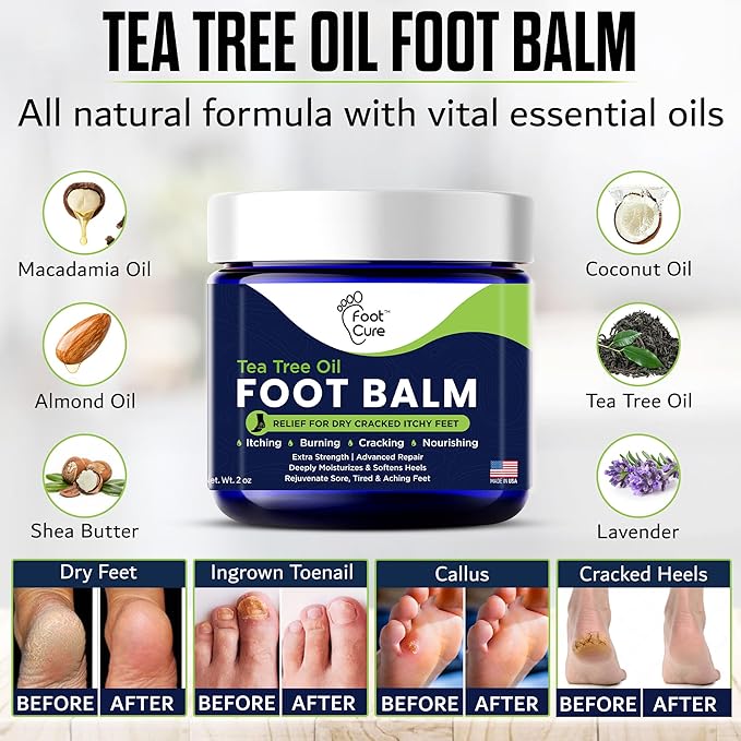 Tea Tree Oil Balm – Moisturizer for Dry Cracked Feet – Instantly Hydrates & Soothes Irritated Skin & Athlete's Foot – Best Care for Women and Men – Made in USA