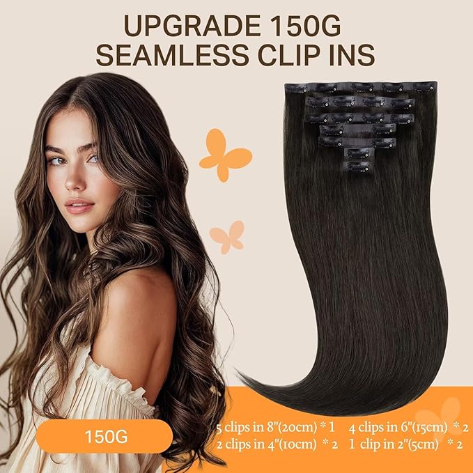 DOORES Human Hair Extensions Seamless Clip in Extensions, Mocha Brown 20 Inch 7pcs 150g, Clip in Hair Extensions Human Hair Straight Hair Remy Thick Hair Thin Weft Invisi Edge Hair Extensions