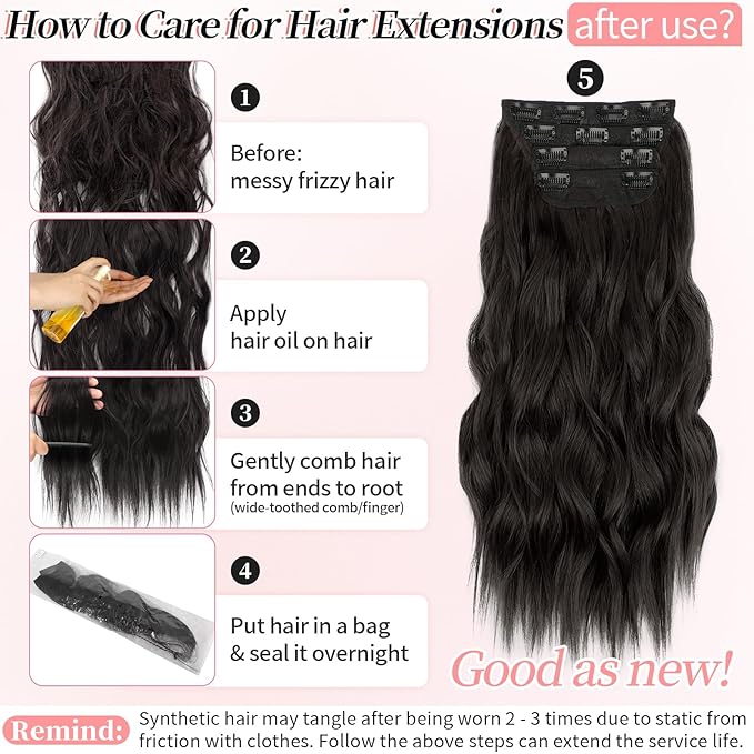 KooKaStyle Clip in Long Wavy Synthetic Hair Extension 20 Inch 4PCS Dark Brown Hairpieces Fiber Thick Double Weft Hair Extension for Women