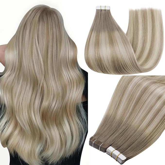 Full Shine Balayage Tape in Hair Extensions Human Hair Color 19 Grey Blonde Ombre 8 Ash Brown And 60 Blonde Seamless Invisible Tape Extensions 18Inch Remy Skin Weft for Wedding 100Gram 40Pcs