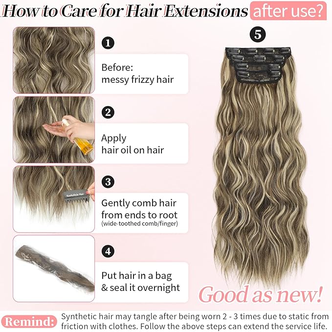 KooKaStyle Clip in Synthetic Highlight Hair Extensions Long Wavy 4PCS Thick Hairpieces Medium Brown Ash Blonde Fiber Double Weft Natural 24 Inch for Women