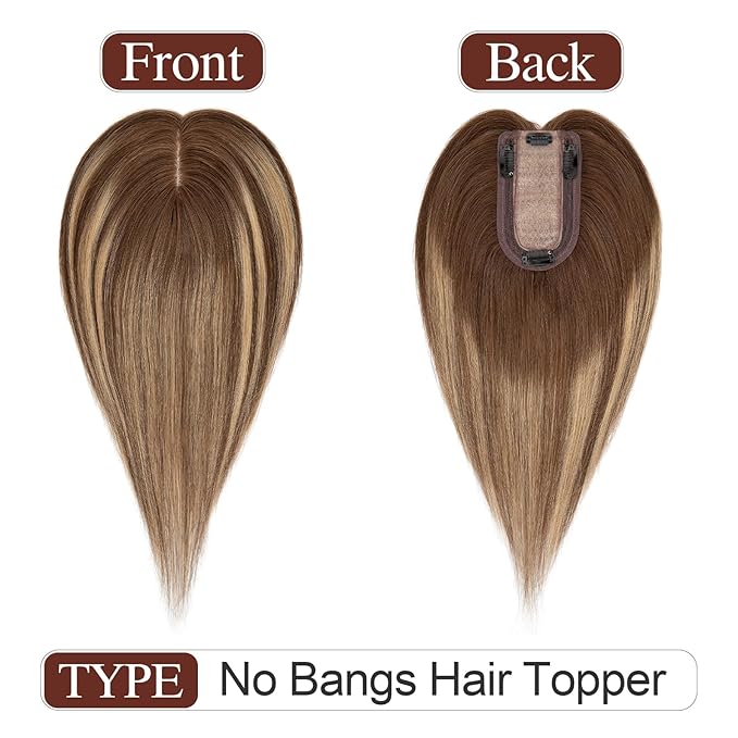 SEGO Hair Topper for Women, No Bangs Real Human Hair Topper with Anti-Slip Clips (12 Inches #4T4P27 Ombre Medium Brown Mix Dark Blonde)