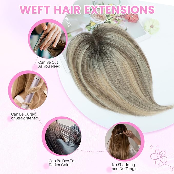 YAMI Hair Toppers for Women Fluffy Human Hair Topper 10inch Handmade Swiss Base Hairpieces 360° Cover Hairloss (Ombre Light Brown with Blond Highlight)