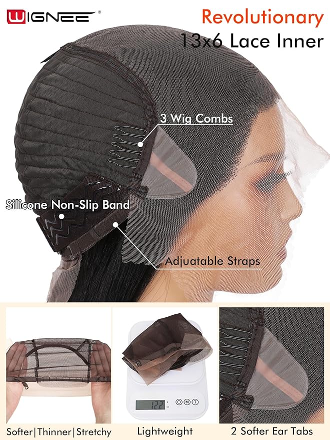 WIGNEE 13x6 Synthetic Lace Front Wig 28" Long Straight Wig Natural Black Kanekalon Futura Synthetic Wigs for Black Women Pre-Plucked Glueless Wig for Daily Party Use