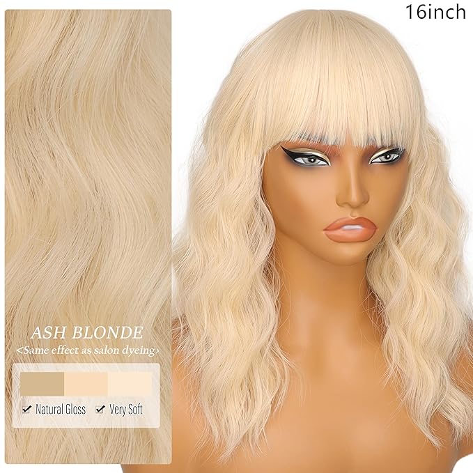 Nnzes Short Wavy Bob Wig with Bangs for Women Shoulder Length Curly Soft Ash Blonde Synthetic Heat-Resistant Fiber Hair for Daily & Party Use
