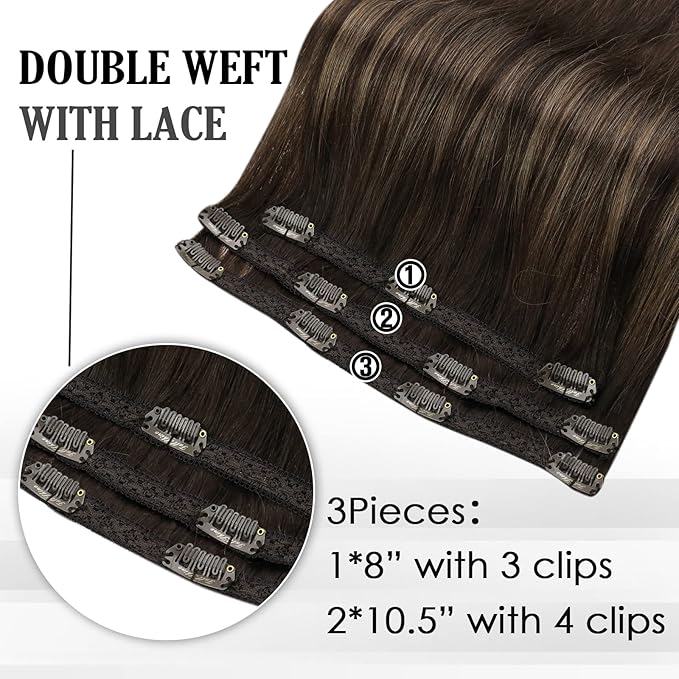 Full Shine Dark Brown Balayage Clip in Extensions Real Human Hair 3 Pcs 60 G Light Weight Clip in Hair Extensions Brown Balayage Brazilian Hair Extensions 12 Inch