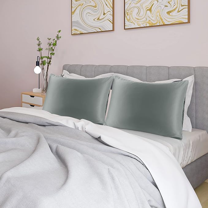 uxcell 2 Pack Silk Satin Pillowcase for Hair and Skin, Cool, Silky, Soft Breathable Pillow Cases King Size 20x36 Inch Sateen Pillowcase Grey with Envelope Closure