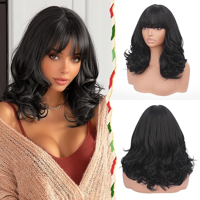 Wig with Bangs for Women | 16 Inch Layered Body Wave Synthetic Wig | Heat Resistant Yaki Fiber Natural Looking Shoulder Length Wigs | Synthetic Wig for Daily Wear - Natural Black