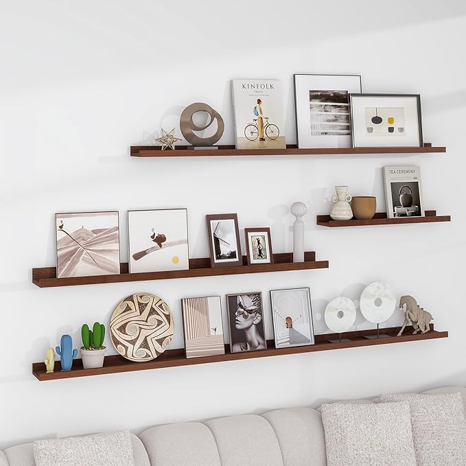 Solid Ash Wood Floating Shelves, Wood Picture Ledge Shelf Set of 2, 48 Inch Long Large Photo Ledge Shelves, Nursery Book Shelves Wall Mounted for Living Room Kids' Bedroom Decor, Color Walnut