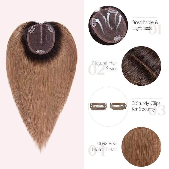 Hairro 100% Human Hair Topper No Bangs, Real Clip in Hair Hairpieces for Women, 3.94x4.72" Silk Base for Thinning Receding High Hairline, 10 Inch Natural Black to Medium Brown Middle Part