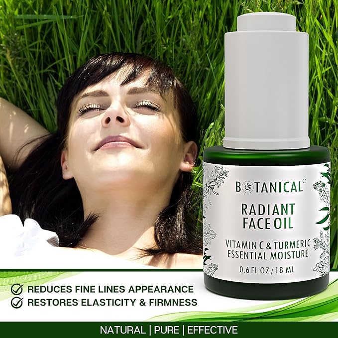 Botanical Radiant Face Oil | Skin Brightening Turmeric & Vitamin C Serum w/Gua Sha Lift Scraper | Organic, Pure, Natural Skincare (0.6 fl oz | 18 ml)