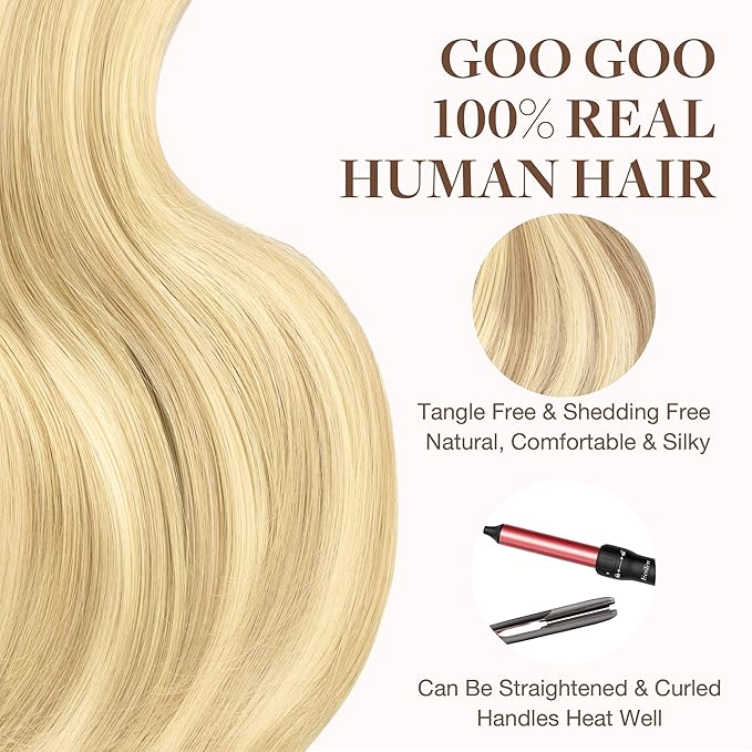 GOO GOO Tape in Hair Extensions Human Hair, 18D/22F Dirty Blonde Highlights, 26inch 60g 20pcs, Skin Weft Seamless Invisible, Silky Straight with Thick Ends, Remy Human Hair