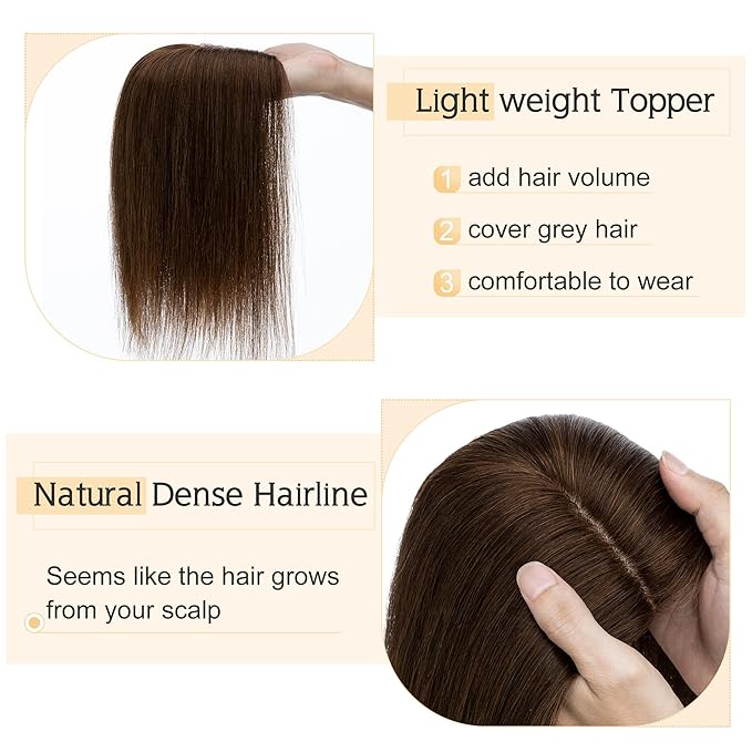 SEGO Human Hair Toppers for Women With Thinning Hair, 7 * 13CM Silk Base 100% Real Human Hair Clip in Top Wiglet Hairpieces -18 Inch No Bangs Medium Brown
