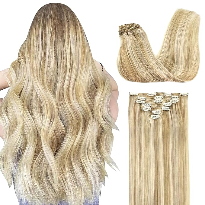 GOO GOO Clip in Hair Extensions Real Human Hair, Remy Human Hair Extensions Clip ins for Women, Natural Human Hair, 16inch 130g 7Pcs, 18A/613A Dark Blonde Highlighted Bleach Blonde