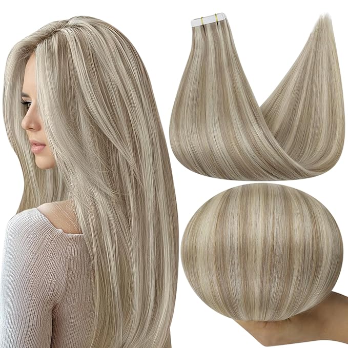 Full Shine 20 Inch Tape in Hair Extensions Color 18 Ash Blonde and 613 Yellow Blonde Tape in Extensions Seamless Real Remy Human Hair 50G 20 Pcs Invisible Skin Weft for Wedding Natural