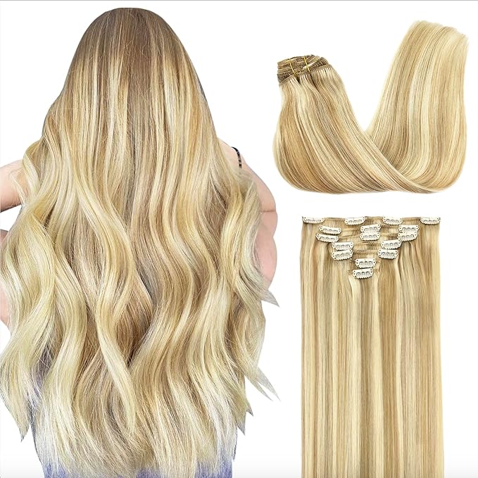 GOO GOO Clip in Hair Extensions Real Human Hair, Remy Human Hair Extensions Clip ins for Women, Natural Human Hair, 26inch 180g 7Pcs, #18A/613A Dark Blonde Highlighted Bleach Blonde