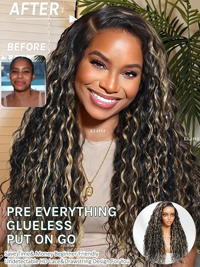 KLAIYI Ombre Highlight Blonde Water Wave Glueless Pre Everything 13x4 Lace Front Wigs Human Hair Drawstring Pre Plucked Pre Bleached Bye Bye Knots Curly Wig with Dark Roots Ready to Wear and Go 24Inch