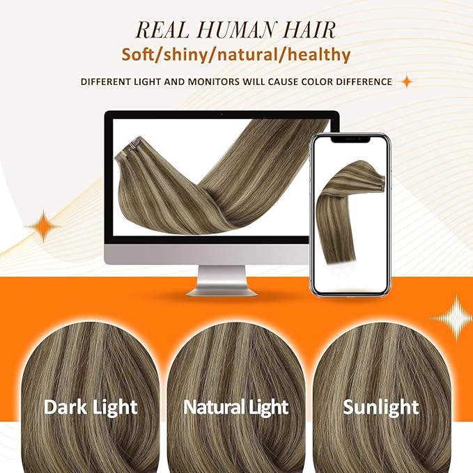 Full Shine Clip in Hair Extensions Dark Brown Human Hair Clip ins with Caramel Blonde Highlights Invisible Clip in Hair Extensions Human Hair 20 Inch PU Weft Add Volume 8 PCS 120 G