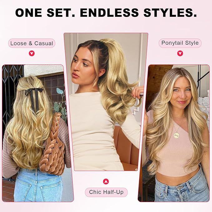 ALXNAN Long Wavy Hair Extensions for Women, Clip in Hair Extensions Clip Ins Soft Full Head Synthetic Hairpieces 20 Inch Dark Ash Blonde mix Light Blonde Highlights