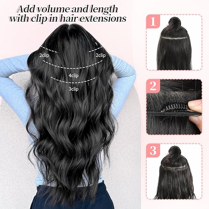 KooKaStyle Clip in Synthetic Hair Extensions Long Wavy 4PCS Thick Hairpieces Black Fiber Double Weft Natural Hair Extensions 24 Inch for Women