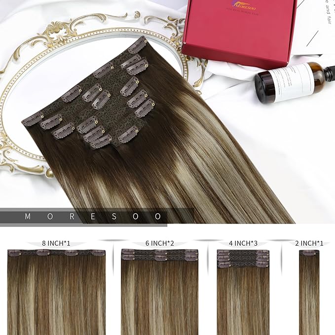 Moresoo Clip in Hair Extensions Real Human Hair Straight Balayage Dark Brown to Light Brown Ombre Medium Blonde Clip Extensions Long Hair Extensions Clip in Human Hair 7 Pieces 120G 16 Inch